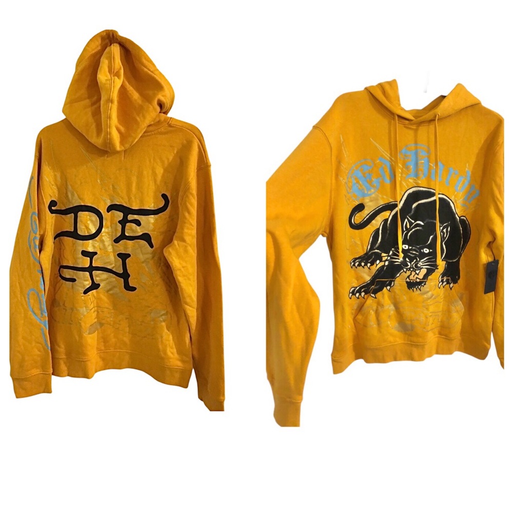 Ed Hardy Men’s marigold black panther printed hoodie size large brand new